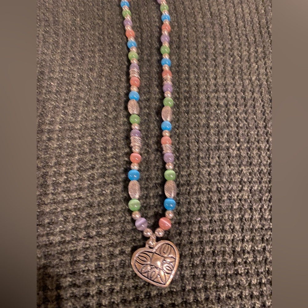 Pastel Color Cat’s Eye Glass Beaded Necklace with Sterling Silver Heart Pendant